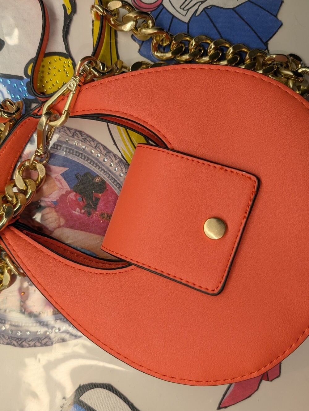 Compact Orange Crescent Mini Bag with Front Snap Pocket - Picture 3 of 3